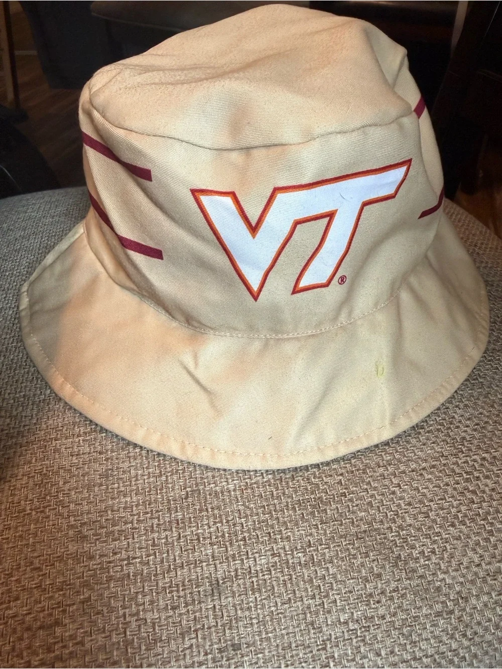 Virginia Tech VT Logo reversible Beige Bucket Hat with Maroon Accents /